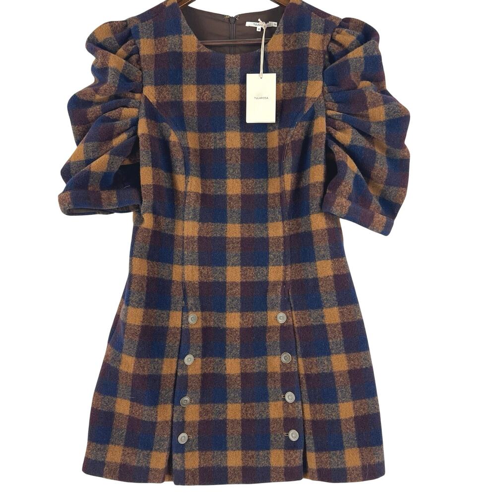 Tularosa WMNS Brigitte Mini Dress Blue/Yllw Plaid Wool Blend Full Lined SZ M NEW